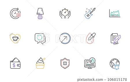 Eye drops, Feather signature and Electric guitar line icons for website, printing. Collection of Ice cream, Recovery data, Wallet icons. Timer, Trade chart, Reject protection web elements. Vector 106815178