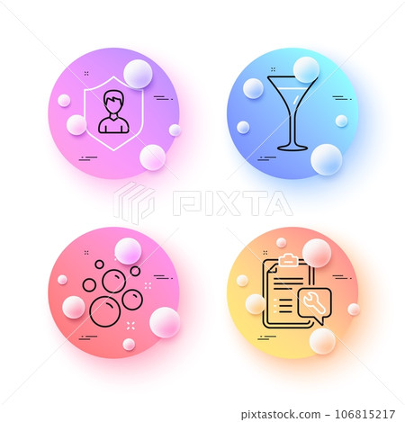 Spanner, Clean bubbles and Martini glass minimal line icons. 3d spheres or balls buttons. Security agency icons. For web, application, printing. Repair service, Laundry shampoo, Wine. Vector Spanner, Clean bubbles and Martini glass minimal line icons. 3d spheres or balls buttons. Security agency icons. For web, application, printing. Repair service, Laundry shampoo, Wine. Vector 106815217