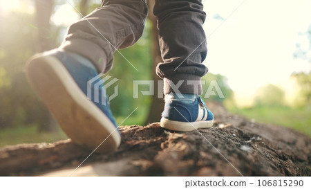 baby boy playing in the forest park. close-up child feet walking on a fallen tree log. happy family kid dream concept. a child in sneakers walks on a fallen tree in park lifestyle baby boy playing in the forest park. close-up child feet walking on a fallen tree log. happy family kid dream concept. a child in sneakers walks on a fallen tree in park lifestyle 106815290