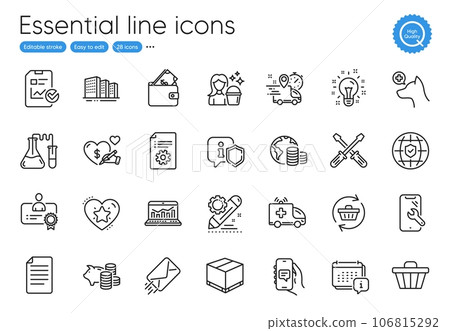 Screwdriverl, E-mail and Calendar line icons. Collection of Buildings, Social care, Express delivery icons. Idea, Technical documentation, Ambulance car web elements. Report checklist. Vector Screwdriverl, E-mail and Calendar line icons. Collection of Buildings, Social care, Express delivery icons. Idea, Technical documentation, Ambulance car web elements. Report checklist. Vector 106815292