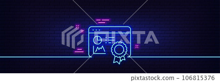 Neon light glow effect. Seo statistics line icon. Search engine certificate sign. Analytics chart symbol. 3d line neon glow icon. Brick wall banner. Seo certificate outline. Vector 106815376