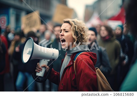A young woman is chanting her demands through a megaphone during a demonstration. 106815680