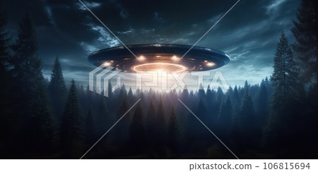 Alien spaceship over the night forest. Alien spaceship over the night forest. 106815694