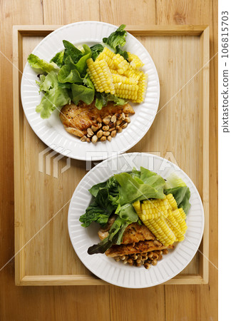grilled chicken breast and fresh vegetable salad . grilled chicken breast and fresh vegetable salad . 106815703