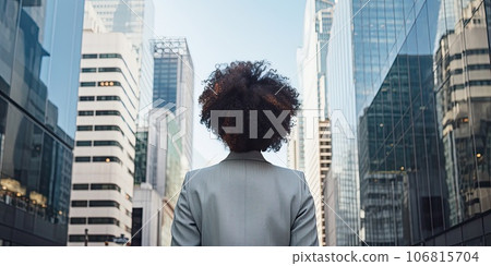 Back view of a middle aged African American businesswoman in eyeglasses in a formal suit against the backdrop of skyscrapers in the business district of the city. 106815704