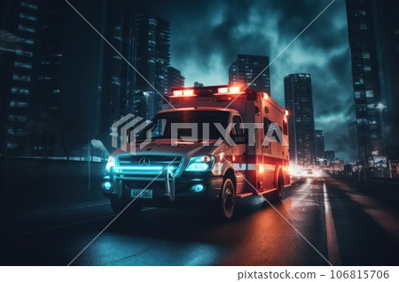 Emergency ambulance car moving fast on night american city downtown district. Emergency ambulance car moving fast on night american city downtown district. 106815706