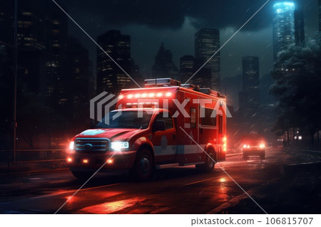 Photo of an emergency ambulance car moving fast on night american city downtown district with motion blur. Photo of an emergency ambulance car moving fast on night american city downtown district with motion blur. 106815707