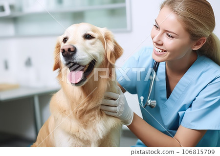 Female Veterinarian with a dog in the clinic. Female Veterinarian with a dog in the clinic. 106815709