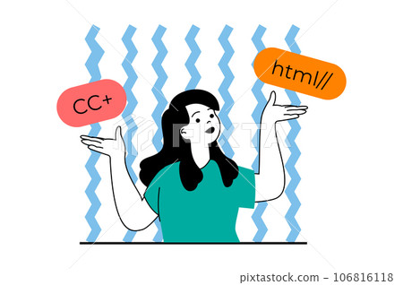 Web development concept with people scene in flat design. Woman coding at different programming languages and prototyping projects. Vector illustration for social media banner, marketing material. Web development concept with people scene in flat design. Woman coding at different programming languages and prototyping projects. Vector illustration for social media banner, marketing material. 106816118