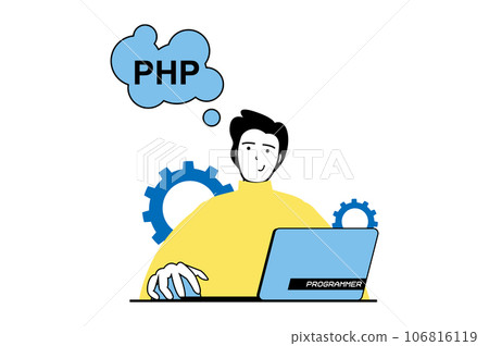 Web development concept with people scene in flat design. Man screaming websites layout, making scripts, testing and fixing code bugs. Vector illustration for social media banner, marketing material. 106816119