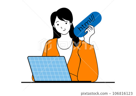 Web development concept with people scene in flat design. Woman programming and working with html script, engineering and settings. Vector illustration for social media banner, marketing material. Web development concept with people scene in flat design. Woman programming and working with html script, engineering and settings. Vector illustration for social media banner, marketing material. 106816123