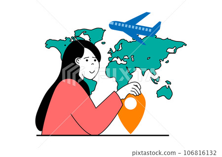 Travel vacation concept with people scene in flat web design. Woman planning trip route at global map with flights and booking hotel. Vector illustration for social media banner, marketing material. Travel vacation concept with people scene in flat web design. Woman planning trip route at global map with flights and booking hotel. Vector illustration for social media banner, marketing material. 106816132