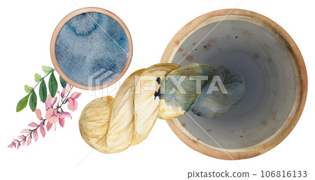 Hand drawn watercolor indigo coloring natural plant dye and materials for hobby, handmade fabric. Illustration isolated composition, white background. Shop logo, print, website, business card, booklet Hand drawn watercolor indigo coloring natural plant dye and materials for hobby, handmade fabric. Illustration isolated composition, white background. Shop logo, print, website, business card, booklet 106816133