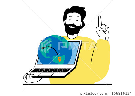 Travel vacation concept with people scene in flat web design. Man planning trip route with flights between locations at global map. Vector illustration for social media banner, marketing material. Travel vacation concept with people scene in flat web design. Man planning trip route with flights between locations at global map. Vector illustration for social media banner, marketing material. 106816134