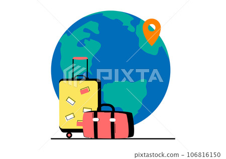 Travel vacation concept with people scene in flat web design. International tourism with flights, sightseeing and active recreation. Vector illustration for social media banner, marketing material. 106816150