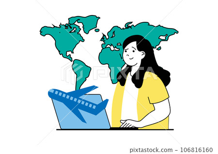 Travel vacation concept with people scene in flat web design. Woman go in trip with sightseeing in countries and flying by airplane. Vector illustration for social media banner, marketing material. Travel vacation concept with people scene in flat web design. Woman go in trip with sightseeing in countries and flying by airplane. Vector illustration for social media banner, marketing material. 106816160