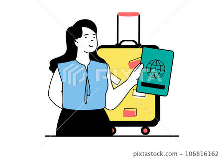 Travel vacation concept with people scene in flat web design. Woman with passport and suitcase go in trip with sightseeing activity. Vector illustration for social media banner, marketing material. 106816162