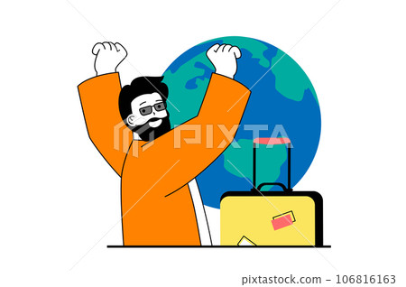 Travel vacation concept with people scene in flat web design. Man with suitcase go in global trip with sightseeing and excursion. Vector illustration for social media banner, marketing material. 106816163