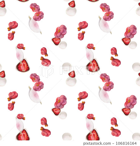 Watercolor seamless pattern with hand drawn traditional Japanese sweets. Wagashi, mochi, camellia flowers. Isolated on white background. Invitations, restaurant menu, greeting cards, print, textile 106816164