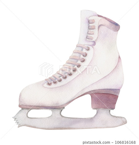 Hand drawn watercolor figure skating boots, winter sports footwear, gear equipment. Illustration isolated object, white background. Design for poster, print, website, card, invitation, shop brochure 106816168