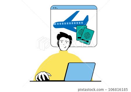 Travel vacation concept with people scene in flat web design. Man booking flight tickets online, planning resort trip and sightseeing. Vector illustration for social media banner, marketing material. 106816185