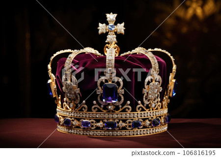 Golden decorated queen crown with diamonds. Expensive jewelry. Magic crown, close up. Generative AI Golden decorated queen crown with diamonds. Expensive jewelry. Magic crown, close up. Generative AI 106816195