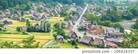 ``A panoramic view of Shirakawago village in Gifu Prefecture from the observation deck ``A panoramic view of Shirakawago village in Gifu Prefecture from the observation deck 106816357