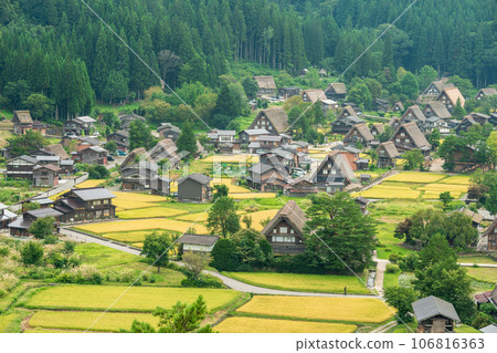 ``從展望台欣賞岐阜縣白川鄉村的全景 ``從展望台欣賞岐阜縣白川鄉村的全景 106816363