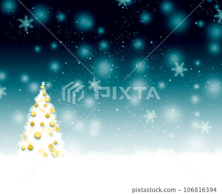 白色和金色的聖誕樹，有飄落的雪背景 106816394