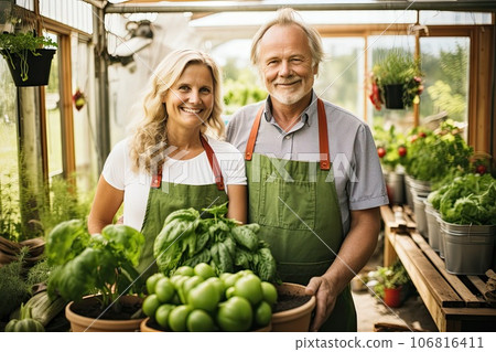 Middle aged Scandinavian couple with their garden vegetable crop. 106816411