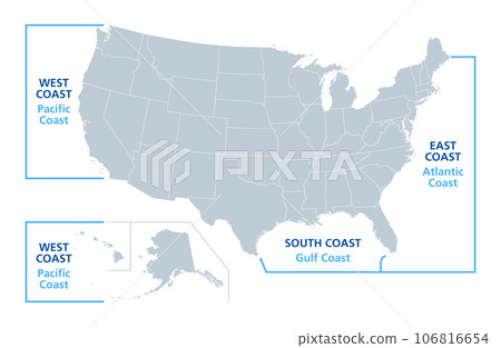 The coasts of the United States, political map. Coastlines of the West or Pacific Coast with Hawaii and Alaska, the South or Gulf Coast with states at Gulf of Mexico, and the East or Atlantic Coast. 106816654