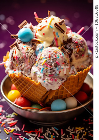 Bowl of ice cream scoops of different colors and flavours 106816689