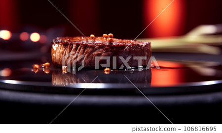 beef steak on black plate close up 106816695