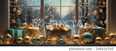 Christmas decorated window, gifts, candles, Christmas tree lights 106816709