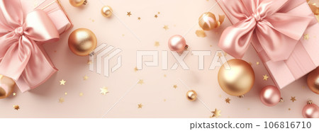 Christmas gifts and decorations on pink background flat lay 106816710