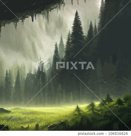 Mountain landscape. Mountain landscape. illustration. Abstract background. Fantasy theme morning landscape, sunrise mountains. landscape with blue mountains silhouettes with fog cold sunlight 106816826