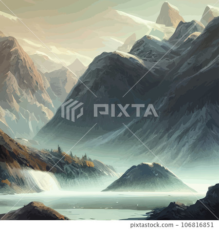 Mountain mature silhouette element outdoor icon snowy ice peaks and decorative, Realistic illustration of mountain landscape with hill and forest with coniferous trees Mountain mature silhouette element outdoor icon snowy ice peaks and decorative, Realistic illustration of mountain landscape with hill and forest with coniferous trees 106816851