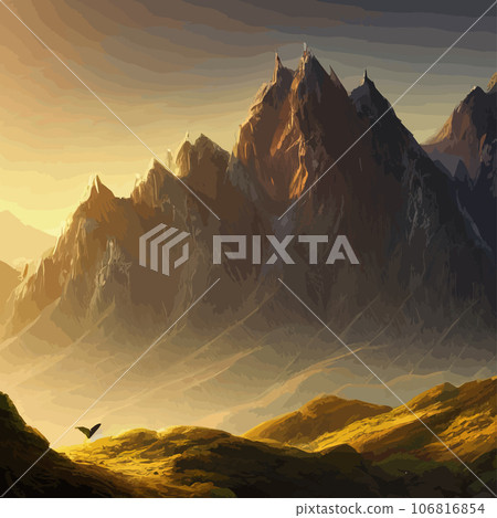 Mountain landscape. Mountain landscape. illustration. Abstract background. Fantasy theme morning landscape, sunrise mountains. landscape with blue mountains silhouettes with fog cold sunlight Mountain landscape. Mountain landscape. illustration. Abstract background. Fantasy theme morning landscape, sunrise mountains. landscape with blue mountains silhouettes with fog cold sunlight 106816854