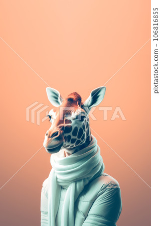Funny Giraffe in mint-colored scarf on light orange background Funny Giraffe in mint-colored scarf on light orange background 106816855