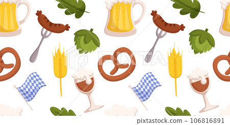 Seamless pattern with German beer festival objects such a pretzel, Bavarian color flag, hop plant and leaf, grilled sausage on fork, glass mug with light and dark beer Seamless pattern with German beer festival objects such a pretzel, Bavarian color flag, hop plant and leaf, grilled sausage on fork, glass mug with light and dark beer 106816891