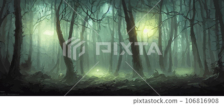 misty forest. Dark tree silhouette. Tree tricks in the blue mist. Fog in the night forest illustration banner. Spooky forest with full moon and floor. Without leaves and branches of autumn. 106816908