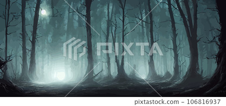 misty forest. Dark tree silhouette. Tree tricks in the blue mist. Fog in the night forest illustration banner. Spooky forest with full moon and floor. Without leaves and branches of autumn. misty forest. Dark tree silhouette. Tree tricks in the blue mist. Fog in the night forest illustration banner. Spooky forest with full moon and floor. Without leaves and branches of autumn. 106816937
