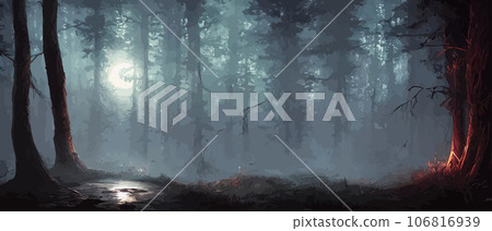 misty forest. Dark tree silhouette. Tree tricks in the blue mist. Fog in the night forest illustration banner. Spooky forest with full moon and floor. Without leaves and branches of autumn. misty forest. Dark tree silhouette. Tree tricks in the blue mist. Fog in the night forest illustration banner. Spooky forest with full moon and floor. Without leaves and branches of autumn. 106816939