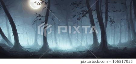 misty forest. Dark tree silhouette. Tree tricks in the blue mist. Fog in the night forest illustration banner. Spooky forest with full moon and floor. Without leaves and branches of autumn. misty forest. Dark tree silhouette. Tree tricks in the blue mist. Fog in the night forest illustration banner. Spooky forest with full moon and floor. Without leaves and branches of autumn. 106817035