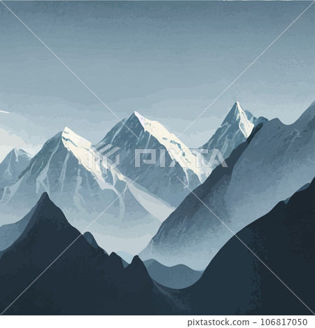Realistic illustration mountain landscape with a hill forest with coniferous trees, under blue winter sky with space for text. Gray mountains forest retro vintage background illustration. Realistic illustration mountain landscape with a hill forest with coniferous trees, under blue winter sky with space for text. Gray mountains forest retro vintage background illustration. 106817050