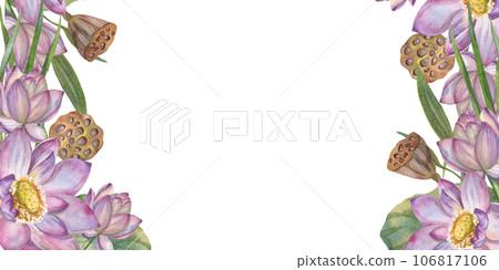 Elegant watercolor illustration with delicate pink lotus flowers and botanical beauty of water lily. frame. Space for text. Floral design elements perfect for wedding invitations; . greeting cards, po 106817106