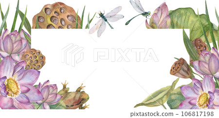 Elegant frame watercolor illustration with delicate pink lotus flowers and botanical beauty of water lily. Floral design elements, perfect for wedding invitations; . greeting cards, posters and prints 106817198