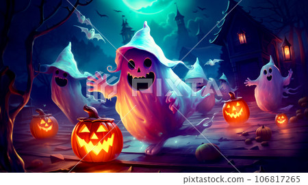 Group of halloween pumpkins sitting on top of wooden floor in front of full moon. Generative AI 106817265