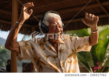 Portrait a happy elder man in headphones dancing at home. 106817362