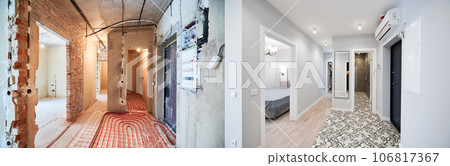 Comparison of old apartment with underfloor heating pipes and new renovated flat with doors and white walls. Photo collage of apartment before and after restoration. Home renovation concept. 106817367